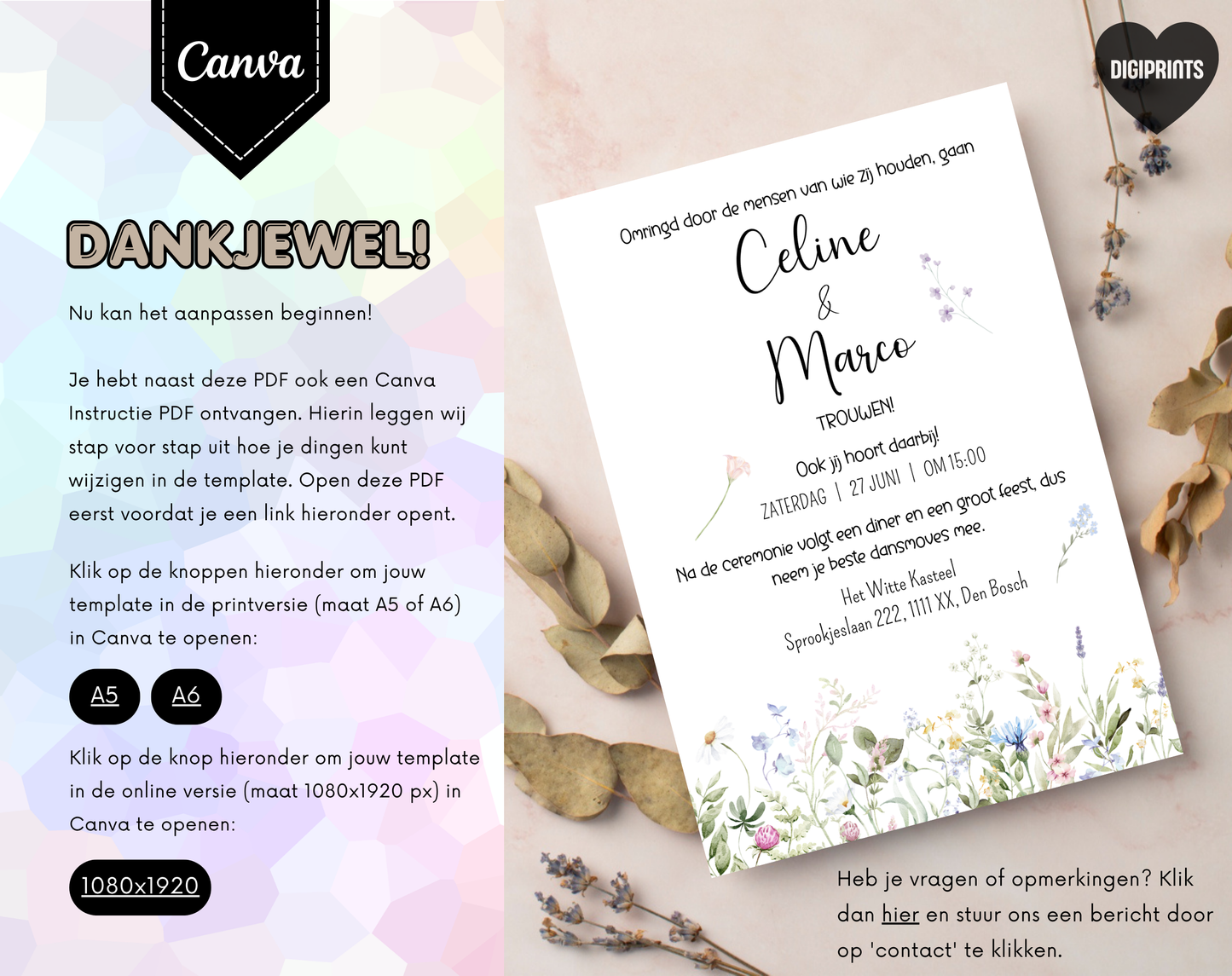 Wilde Bloemen Bruiloft Uitnodigingstemplate Wit | Bewerkbare Canva Template | A5, A6 & WhatsApp | Digitale Download