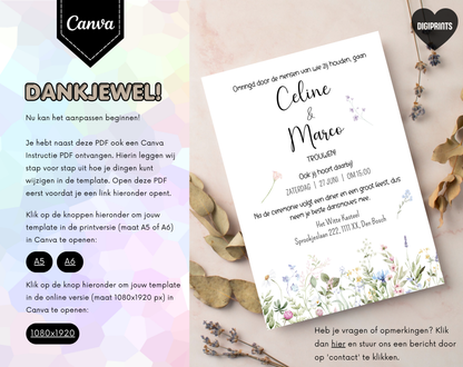 Wilde Bloemen Bruiloft Uitnodigingstemplate Wit | Bewerkbare Canva Template | A5, A6 & WhatsApp | Digitale Download