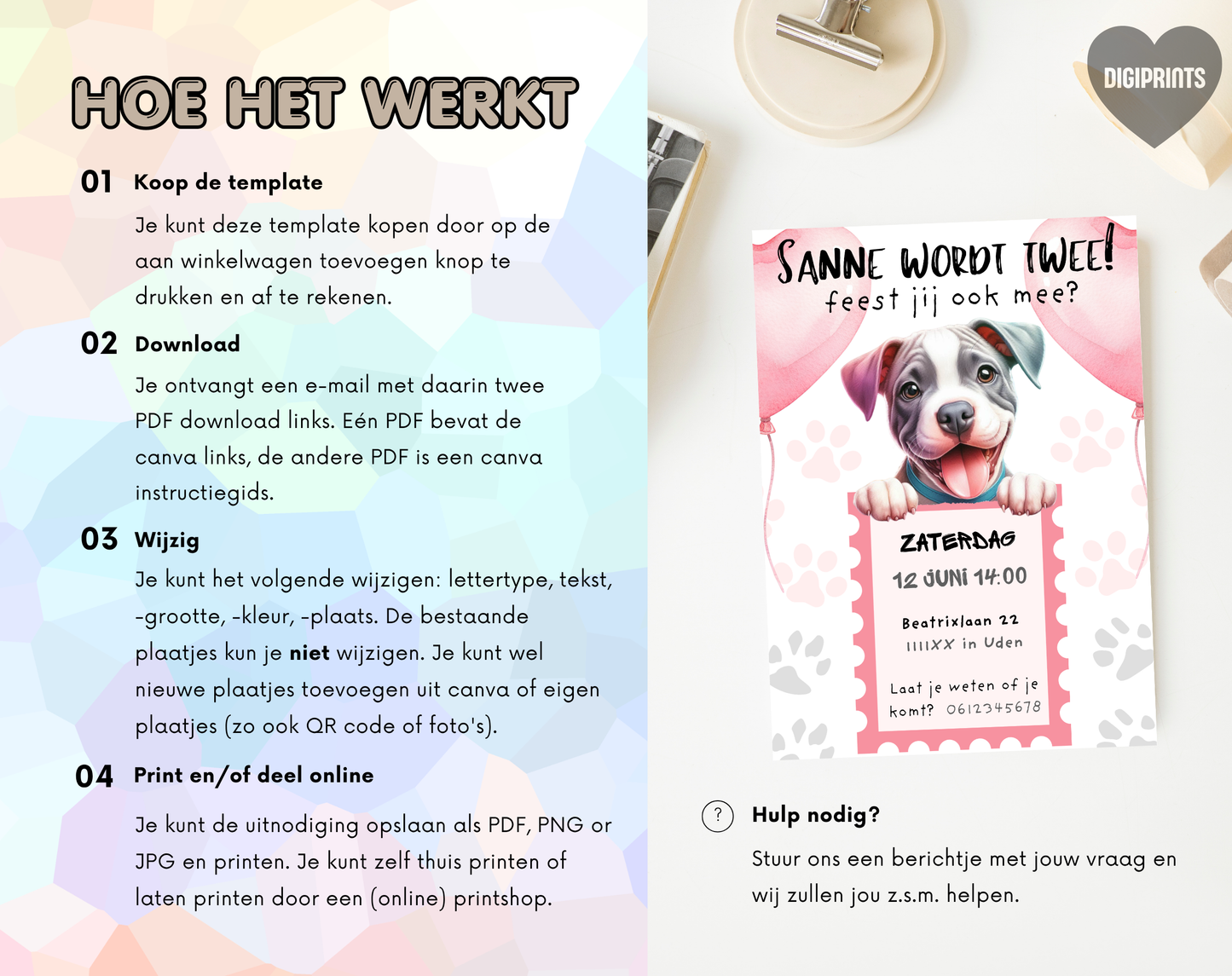 Puppy Roze Verjaardagsuitnodiging Canva Template | Meisjesfeest of Hondenkind | A5, A6 & WhatsApp | Digitale Download