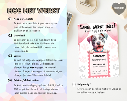 Puppy Roze Verjaardagsuitnodiging Canva Template | Meisjesfeest of Hondenkind | A5, A6 & WhatsApp | Digitale Download
