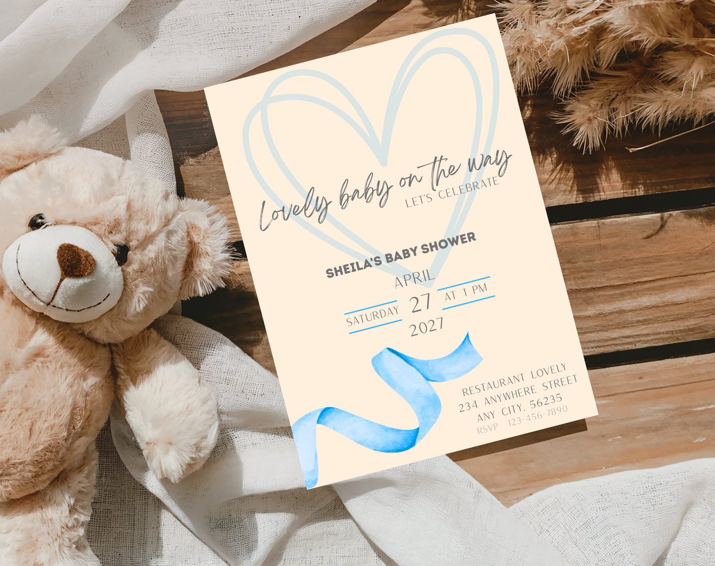 Boho Blue Baby Shower Invitation Template | Editable Canva Template | 5x7in & WhatsApp | Digital Download
