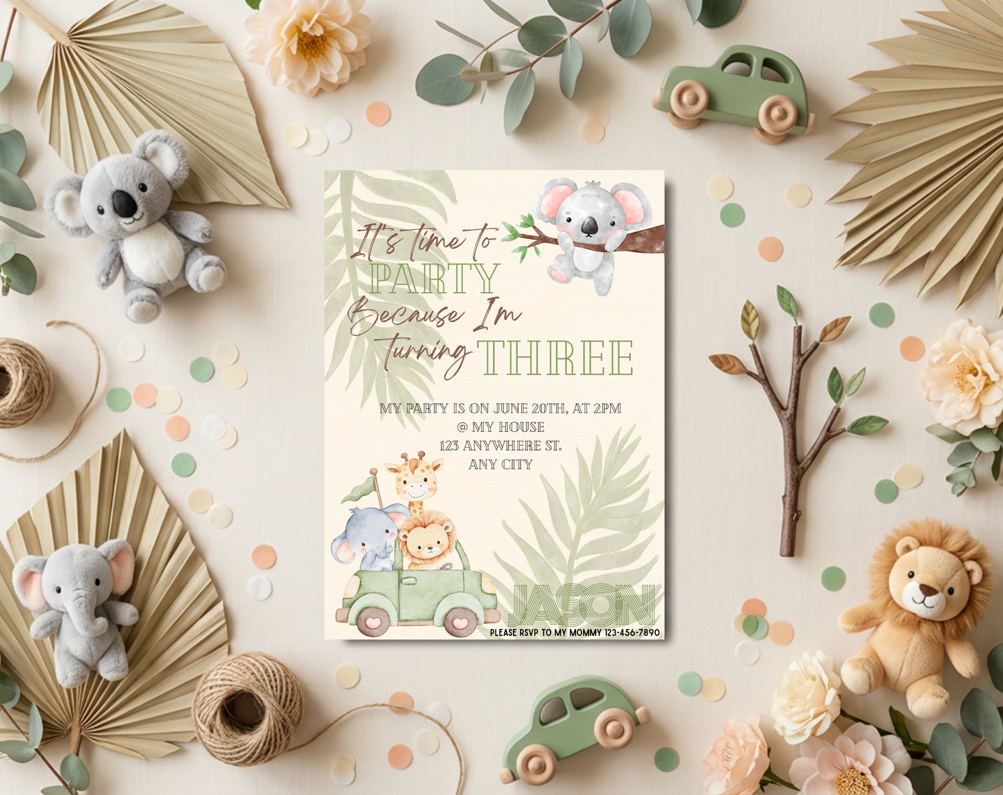 Jungle Safari Third Birthday Invitation Template | Editable Canva Template | 5x7in & WhatsApp | Digital Download