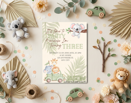Jungle Safari Third Birthday Invitation Template | Editable Canva Template | 5x7in & WhatsApp | Digital Download