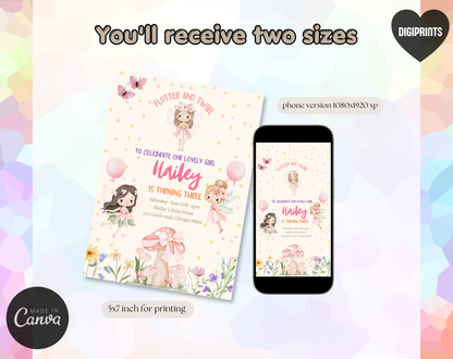 Fairy Garden Third Birthday Invitation Template Cream | Editable Canva Template | 5x7in & WhatsApp | Digital Download