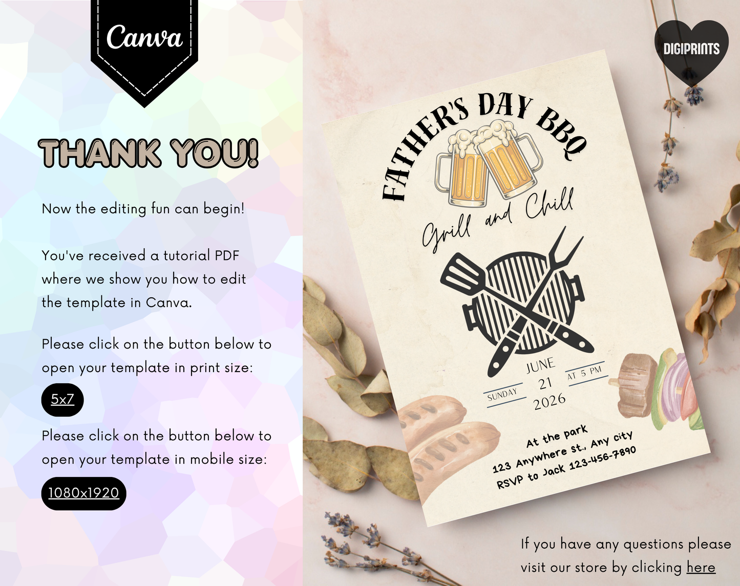 Father's Day BBQ Invitation Template | Editable Canva Template | 5x7in & WhatsApp | Digital Download