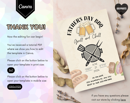 Father's Day BBQ Invitation Template | Editable Canva Template | 5x7in & WhatsApp | Digital Download