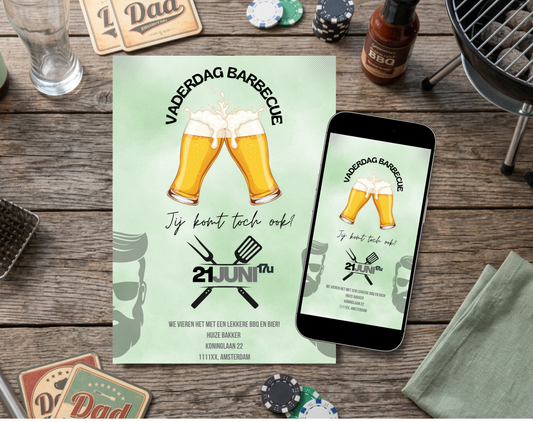 Vaderdag Barbecue Uitnodiging met Bier | Canva Template | A5 A6 WhatsApp | Digitale Download