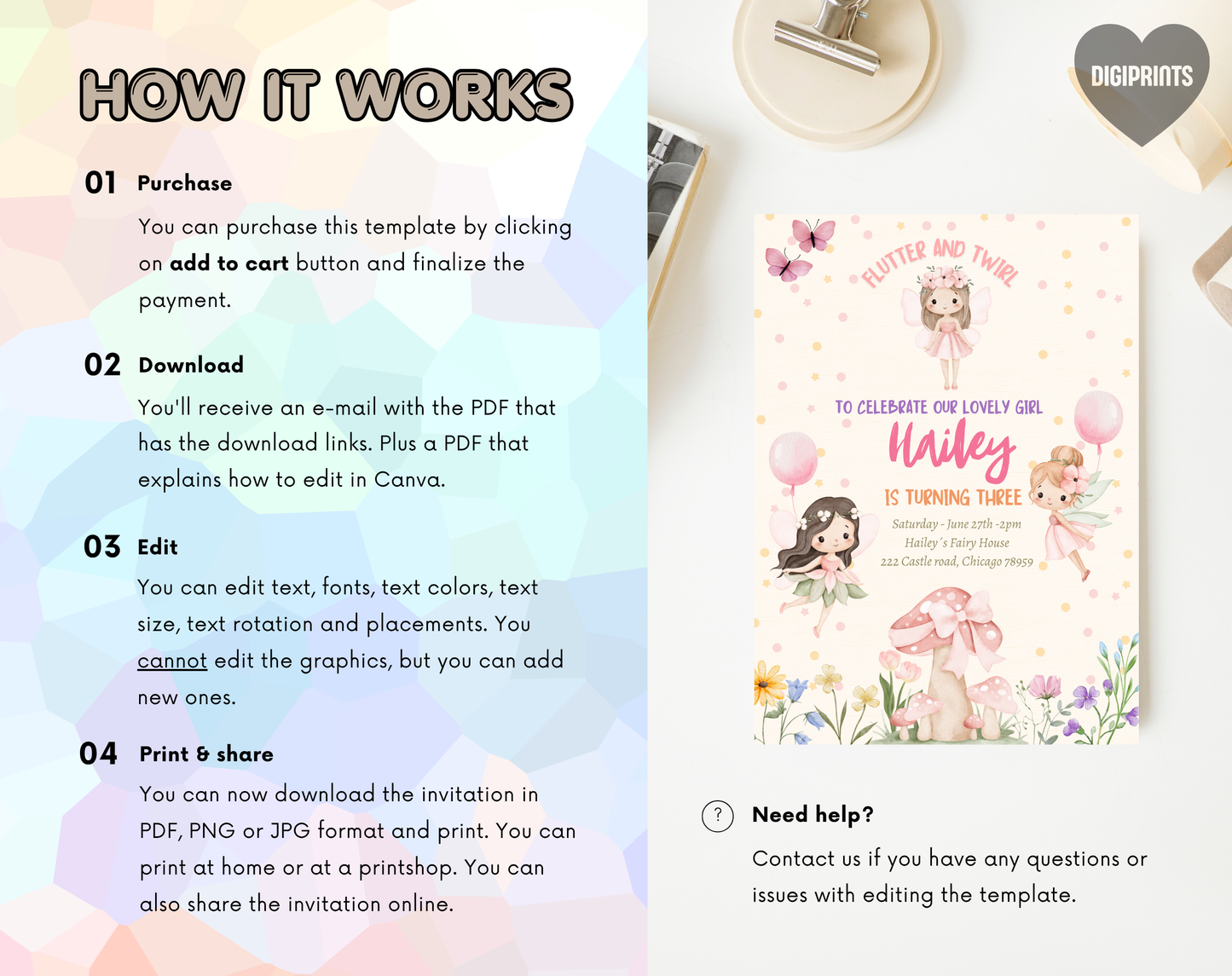 Fairy Garden Third Birthday Invitation Template Cream | Editable Canva Template | 5x7in & WhatsApp | Digital Download