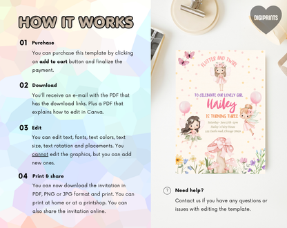 Fairy Garden Third Birthday Invitation Template Cream | Editable Canva Template | 5x7in & WhatsApp | Digital Download