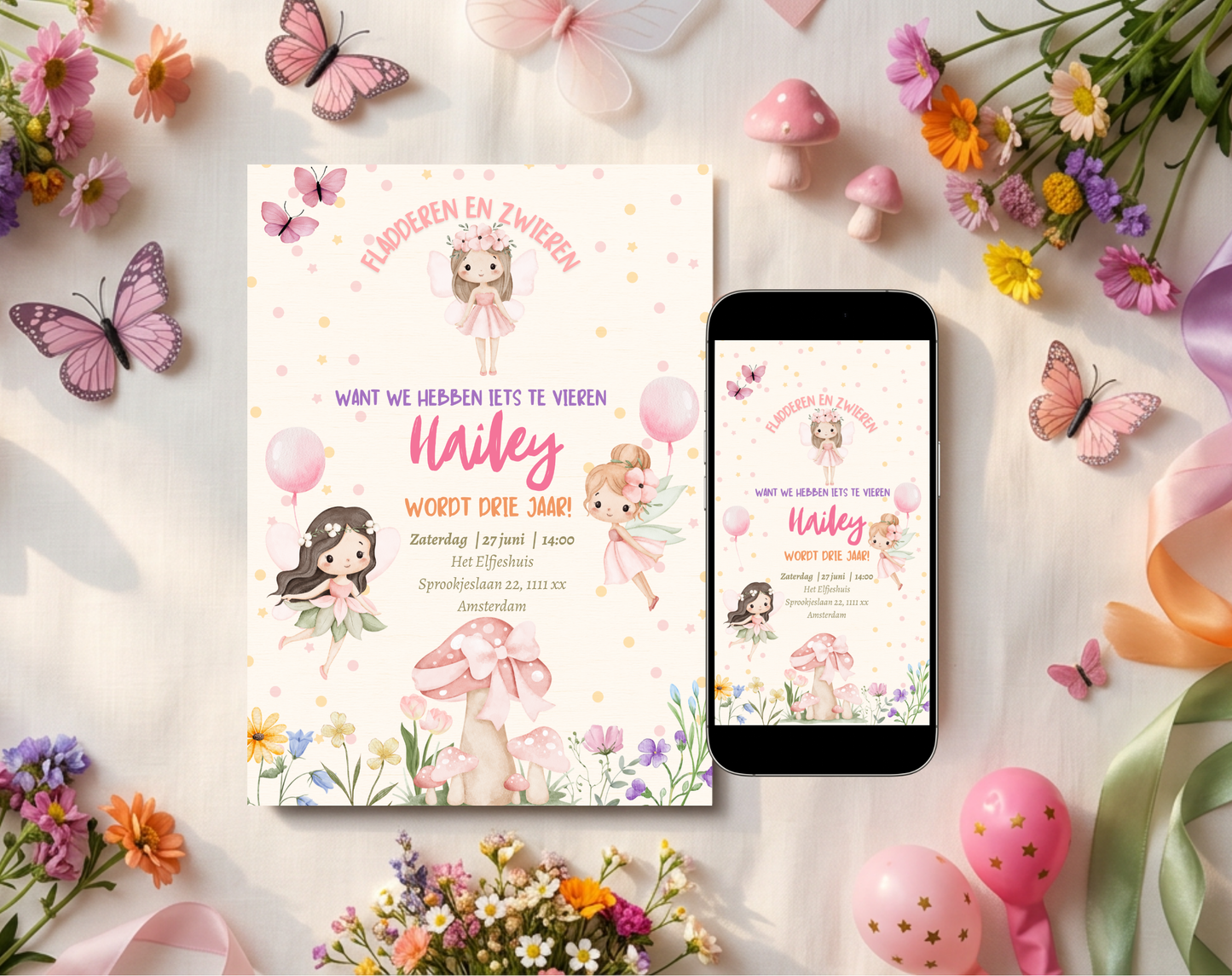 Elfjes Kinderfeestje Uitnodigingstemplate Beige | Bewerkbare Canva Template | A5, A6 & WhatsApp | Digitale Download