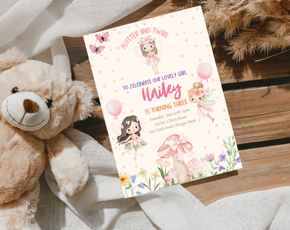 Fairy Garden Third Birthday Invitation Template Cream | Editable Canva Template | 5x7in & WhatsApp | Digital Download