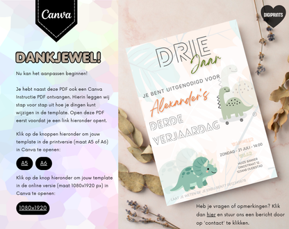 Dino Derde Verjaardag Uitnodigingstemplate | Bewerkbare Canva Template | A5, A6 & WhatsApp | Digitale Download