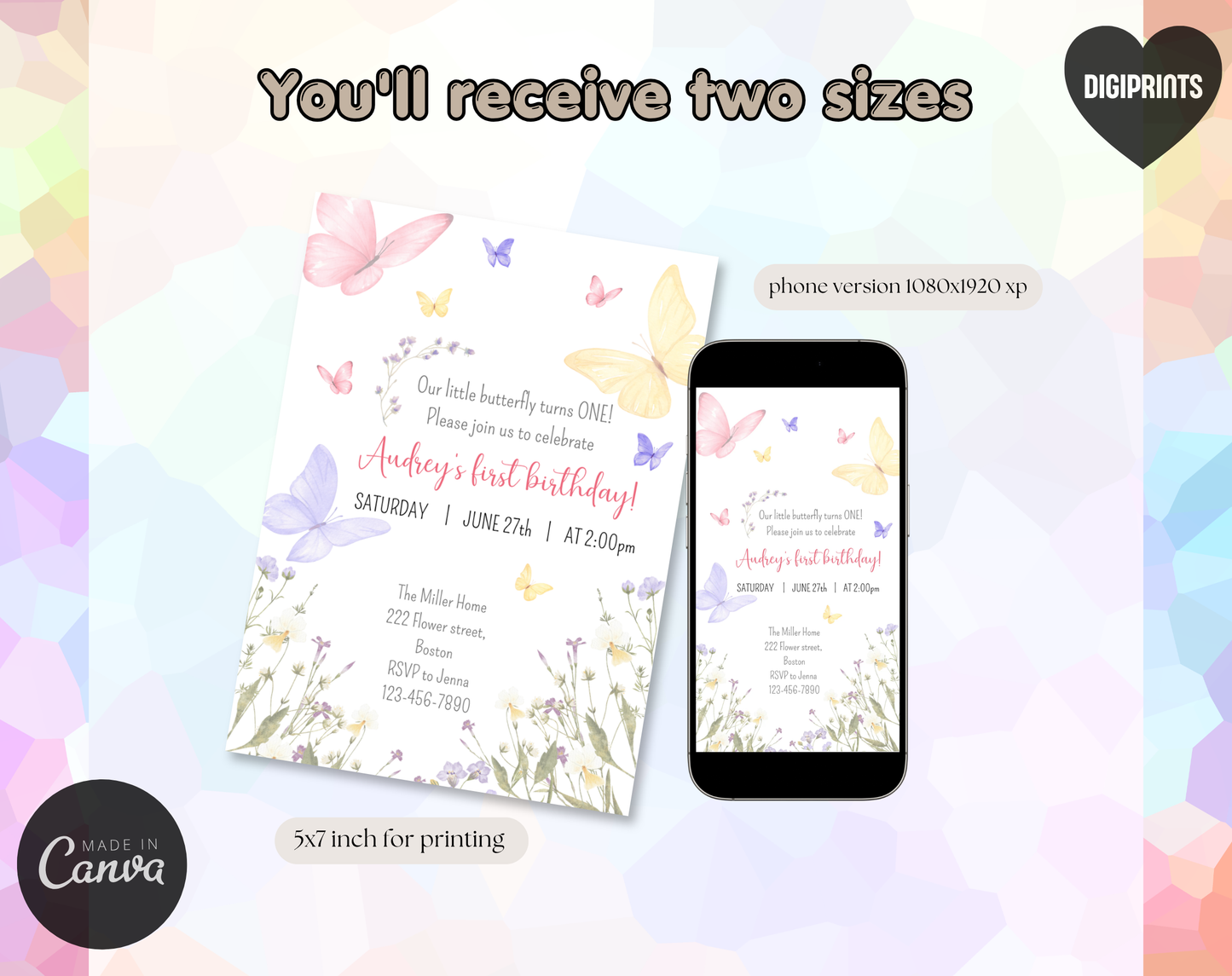 Butterfly First Birthday Invitation Template | Editable Canva Template | 5x7in & WhatsApp | Digital Download
