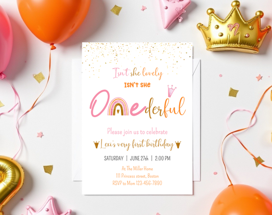 ONEderful First Birthday Invitation Template | Editable Canva Template | 5x7in & WhatsApp | Digital Download