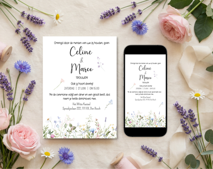 Wilde Bloemen Bruiloft Uitnodigingstemplate Wit | Bewerkbare Canva Template | A5, A6 & WhatsApp | Digitale Download