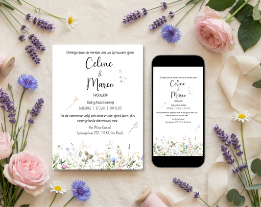 Wilde Bloemen Bruiloft Uitnodigingstemplate Wit | Bewerkbare Canva Template | A5, A6 & WhatsApp | Digitale Download