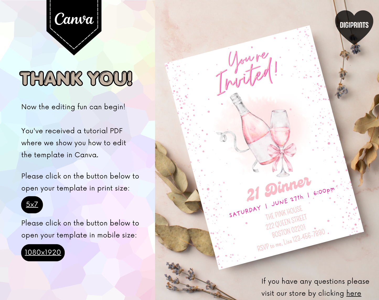 21st Birthday Dinner Invitation Template | Editable Canva Template | 5x7in & WhatsApp | Digital Download