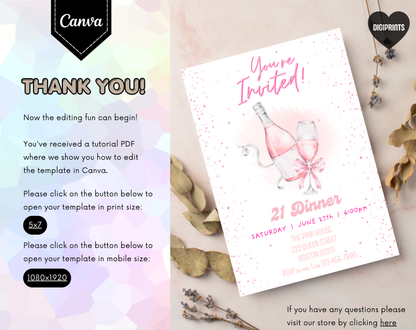 21st Birthday Dinner Invitation Template | Editable Canva Template | 5x7in & WhatsApp | Digital Download