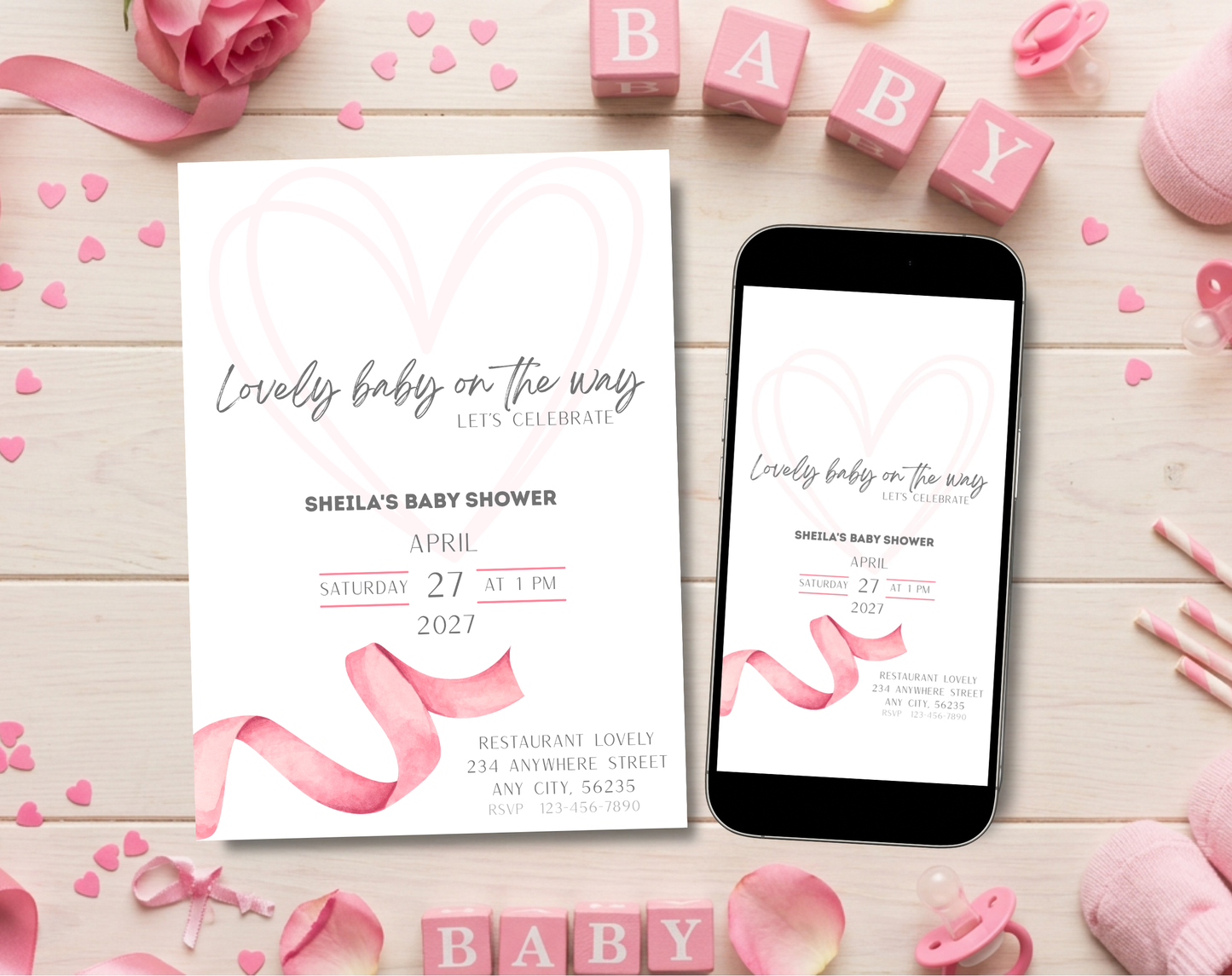 Pink Ribbon Baby Shower Invitation Template | Editable Canva Template | 5x7in & WhatsApp | Digital Download
