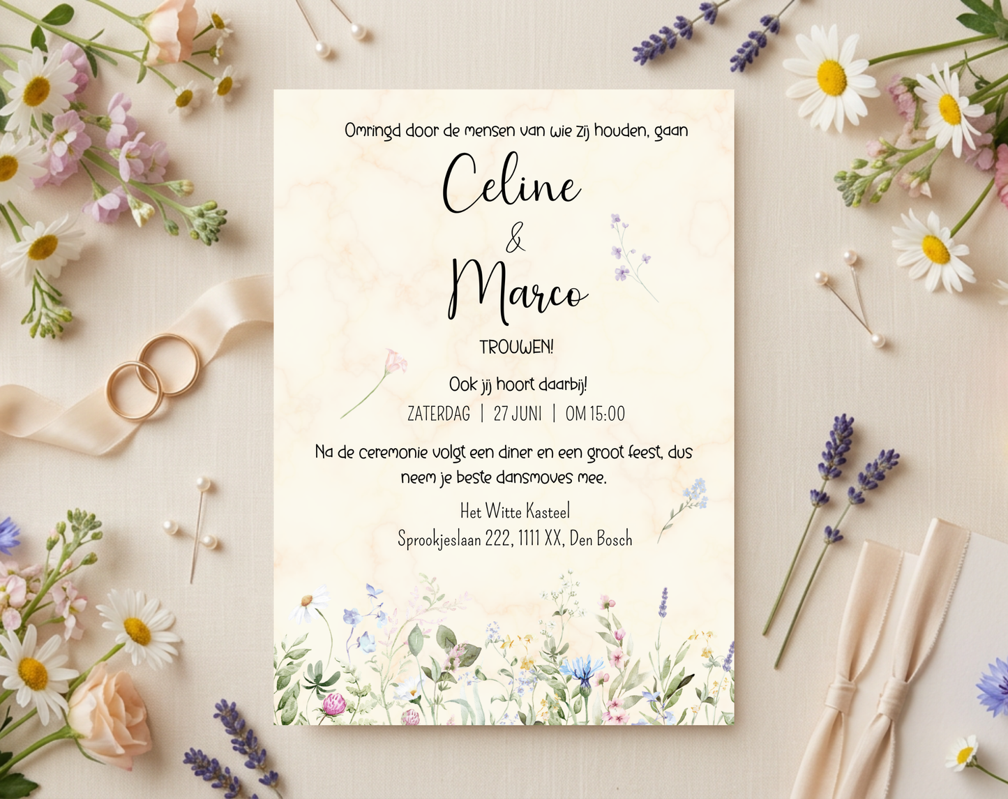 Wilde Bloemen Bruiloft Uitnodigingstemplate Beige | Bewerkbare Canva Template | A5, A6 & WhatsApp | Digitale Download