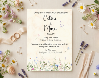 Wilde Bloemen Bruiloft Uitnodigingstemplate Beige | Bewerkbare Canva Template | A5, A6 & WhatsApp | Digitale Download
