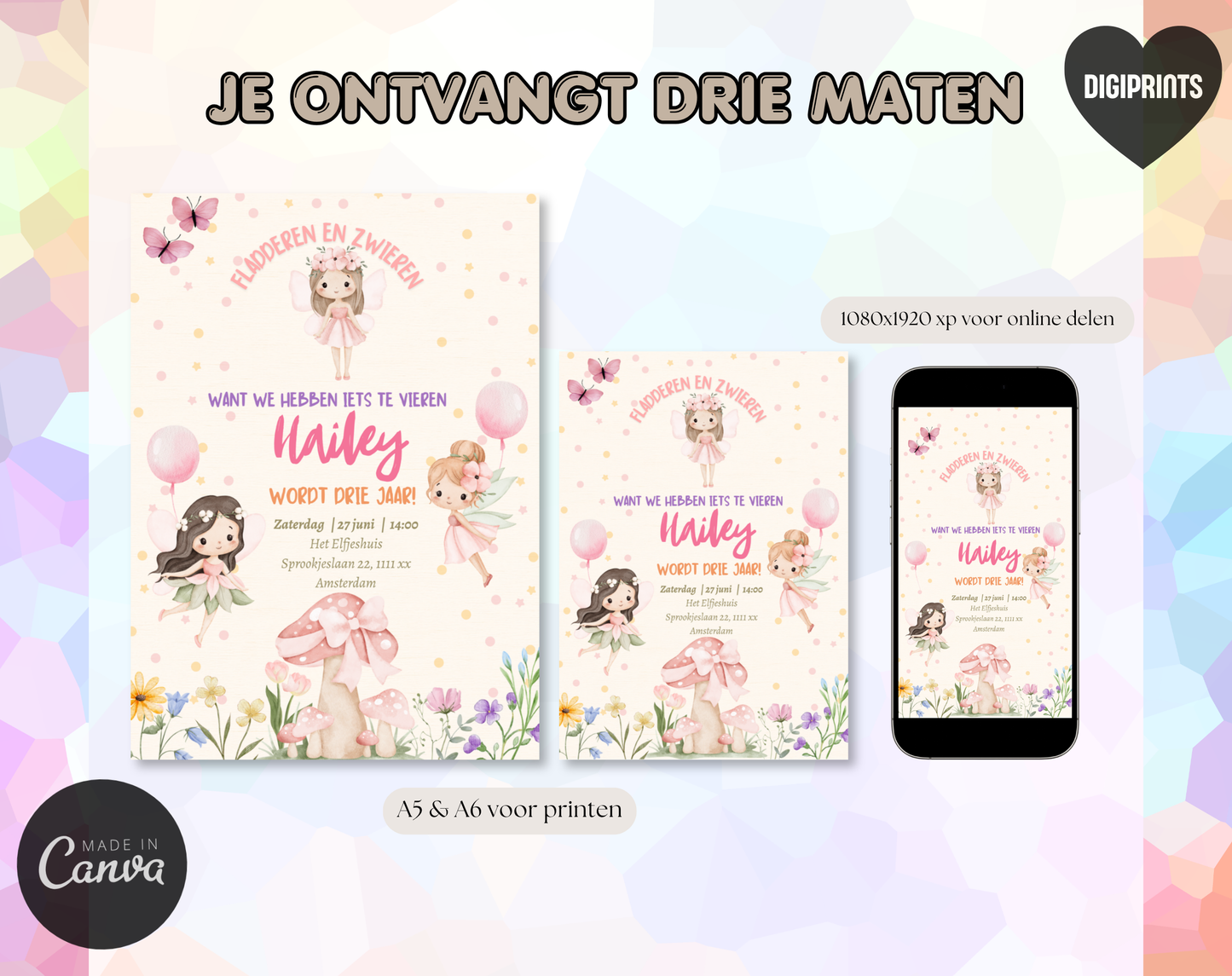 Elfjes Kinderfeestje Uitnodigingstemplate Beige | Bewerkbare Canva Template | A5, A6 & WhatsApp | Digitale Download