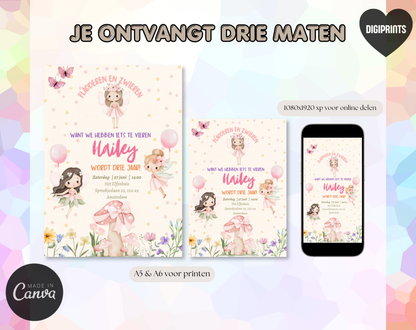 Elfjes Kinderfeestje Uitnodigingstemplate Beige | Bewerkbare Canva Template | A5, A6 & WhatsApp | Digitale Download