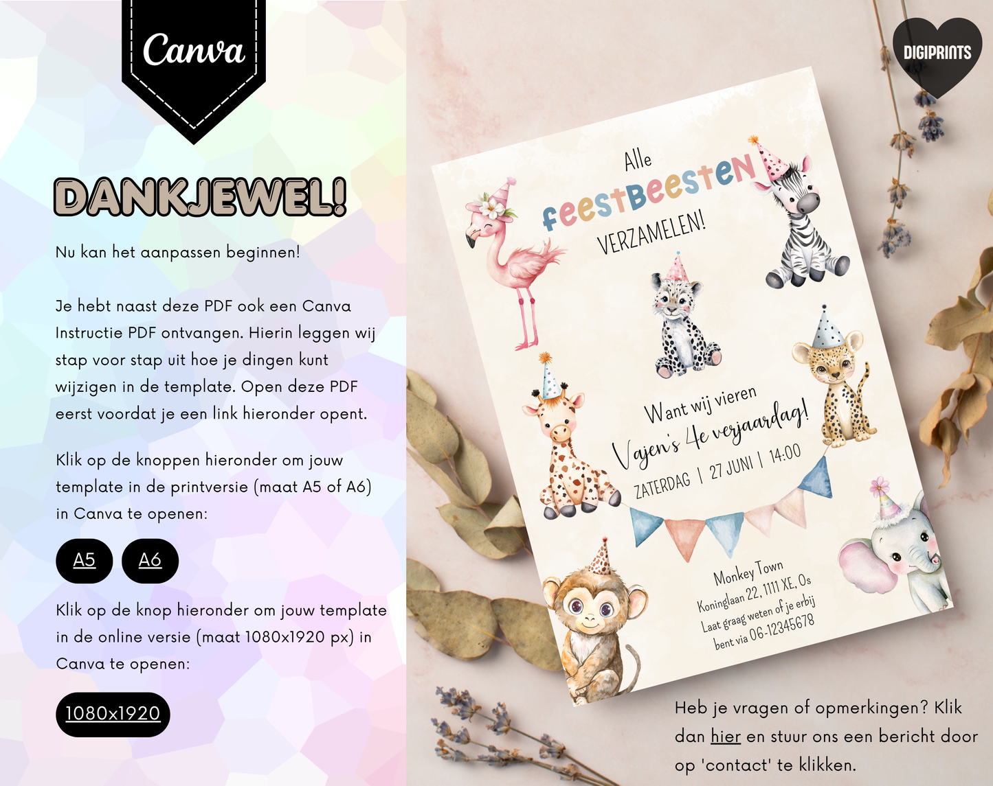 Jungle Dieren Kinderfeestje Uitnodigingstemplate Beige | Bewerkbare Canva Template | A5, A6 & WhatsApp | Digitale Download