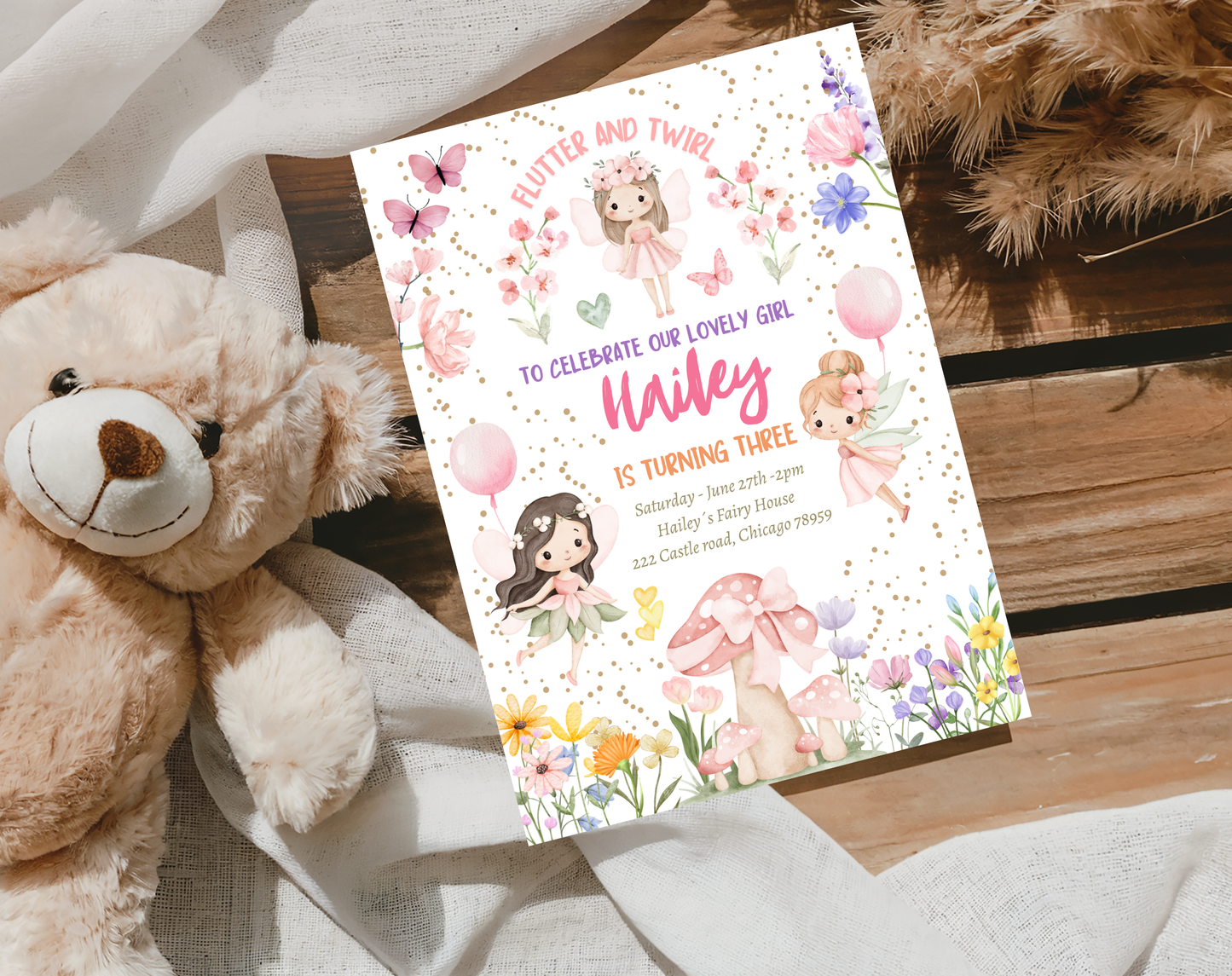 Fairy Garden Third Birthday Invitation Template | Editable Canva Template | 5x7in & WhatsApp | Digital Download