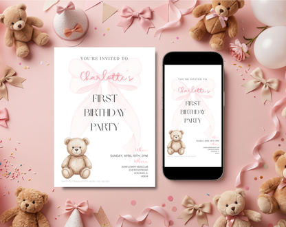Teddy Bear First Birthday Invitation Template | Editable Canva Template | 5x7in & WhatsApp | Digital Download