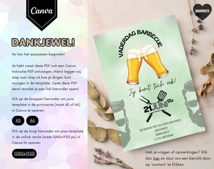 Vaderdag Barbecue Uitnodiging met Bier | Canva Template | A5 A6 WhatsApp | Digitale Download