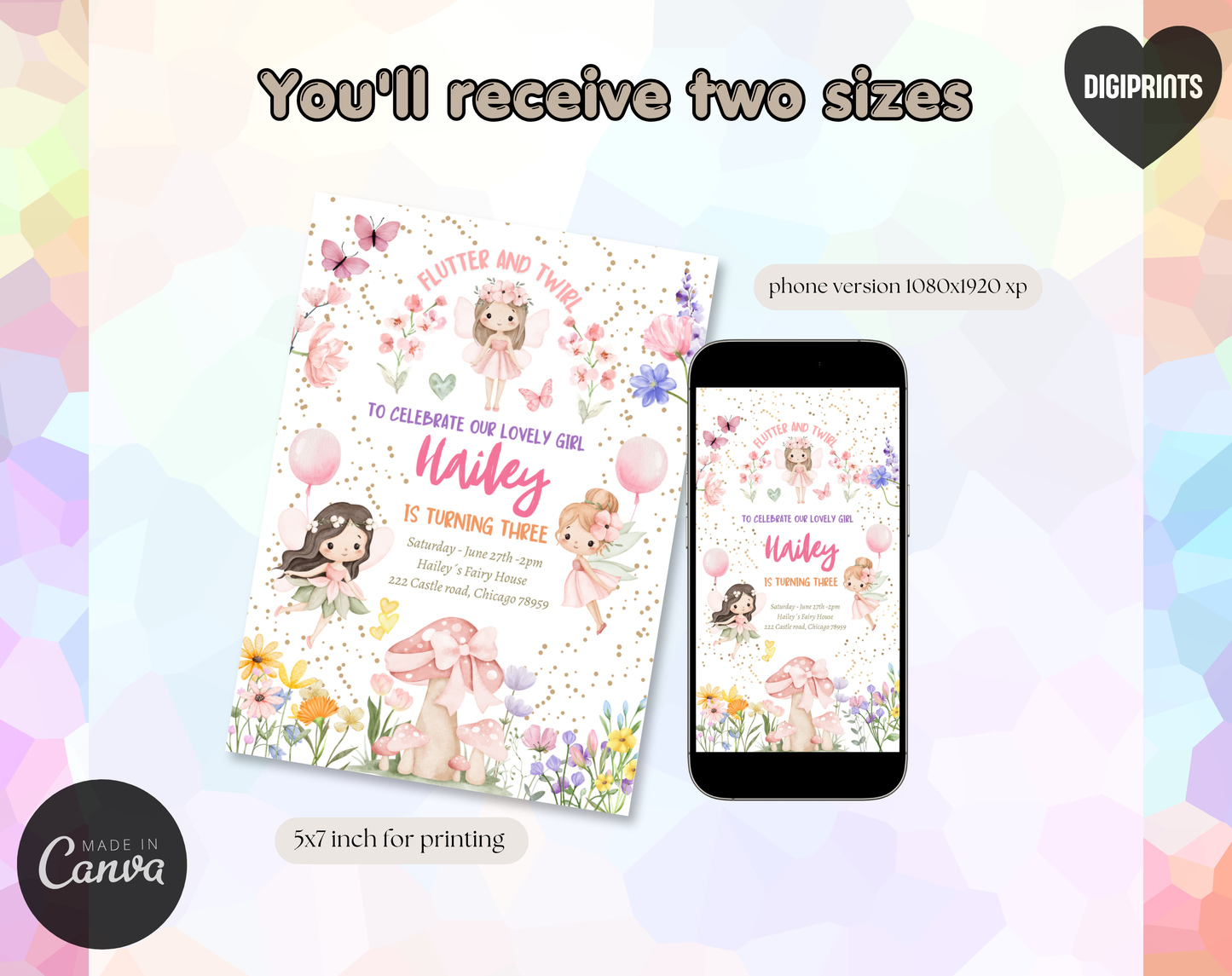 Fairy Garden Third Birthday Invitation Template | Editable Canva Template | 5x7in & WhatsApp | Digital Download