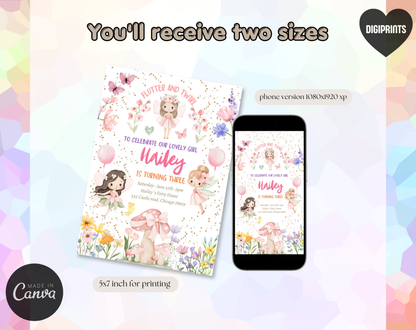 Fairy Garden Third Birthday Invitation Template | Editable Canva Template | 5x7in & WhatsApp | Digital Download
