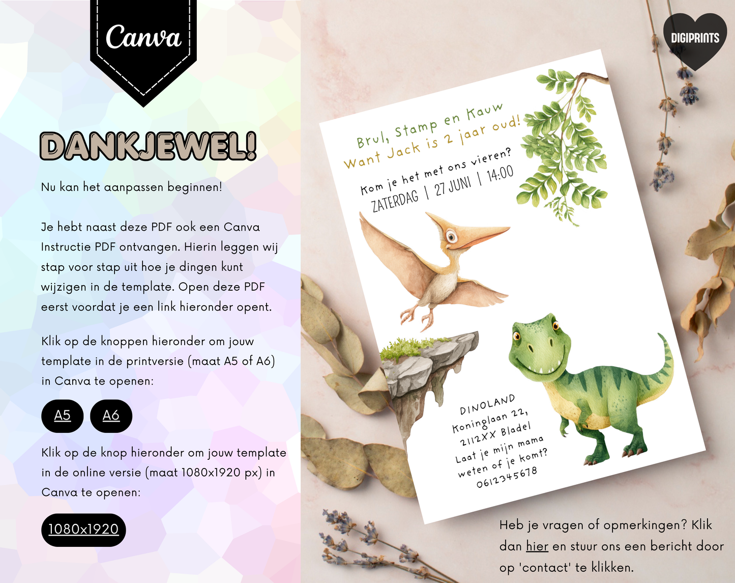 Dinosaurus Uitnodiging 2 Jaar T-Rex | Bewerkbare Canva Template | A5 A6 WhatsApp | Download