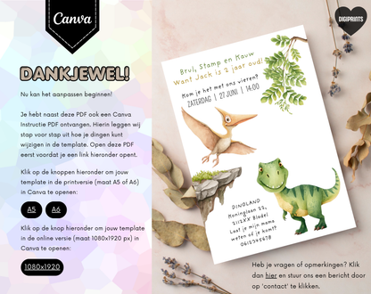 Dinosaurus Uitnodiging 2 Jaar T-Rex | Bewerkbare Canva Template | A5 A6 WhatsApp | Download
