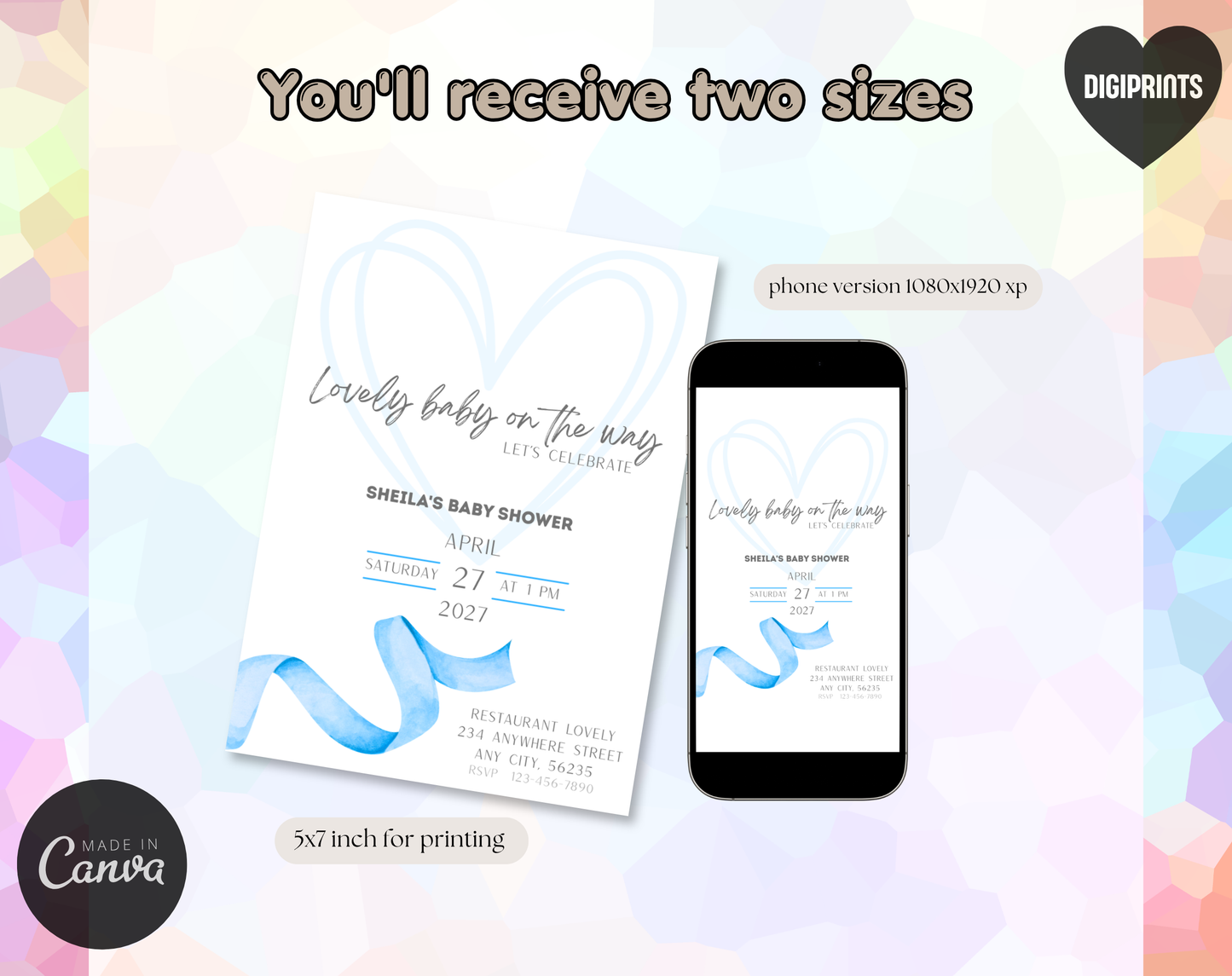 Blue Ribbon Baby Shower Invitation Template | Editable Canva Template | 5x7in & WhatsApp | Digital Download