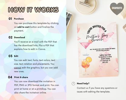 Mother's Day Brunch Cocktails Invitation Template | Editable Canva Template | 5x7in & WhatsApp | Digital Download