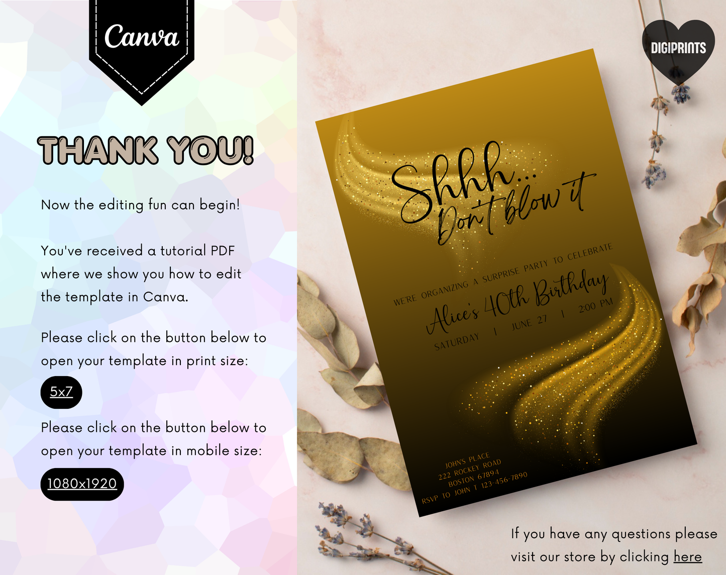 Surprise 40th Birthday Invitation Template Gold Black | Editable Canva Template | 5x7in & WhatsApp | Digital Download