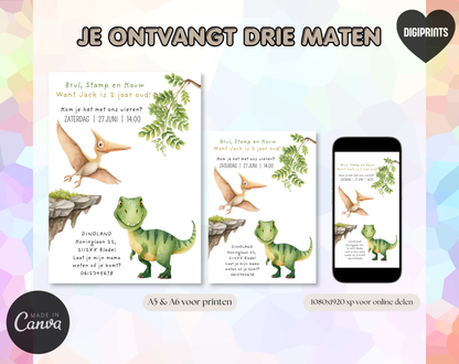 Dinosaurus Uitnodiging 2 Jaar T-Rex | Bewerkbare Canva Template | A5 A6 WhatsApp | Download