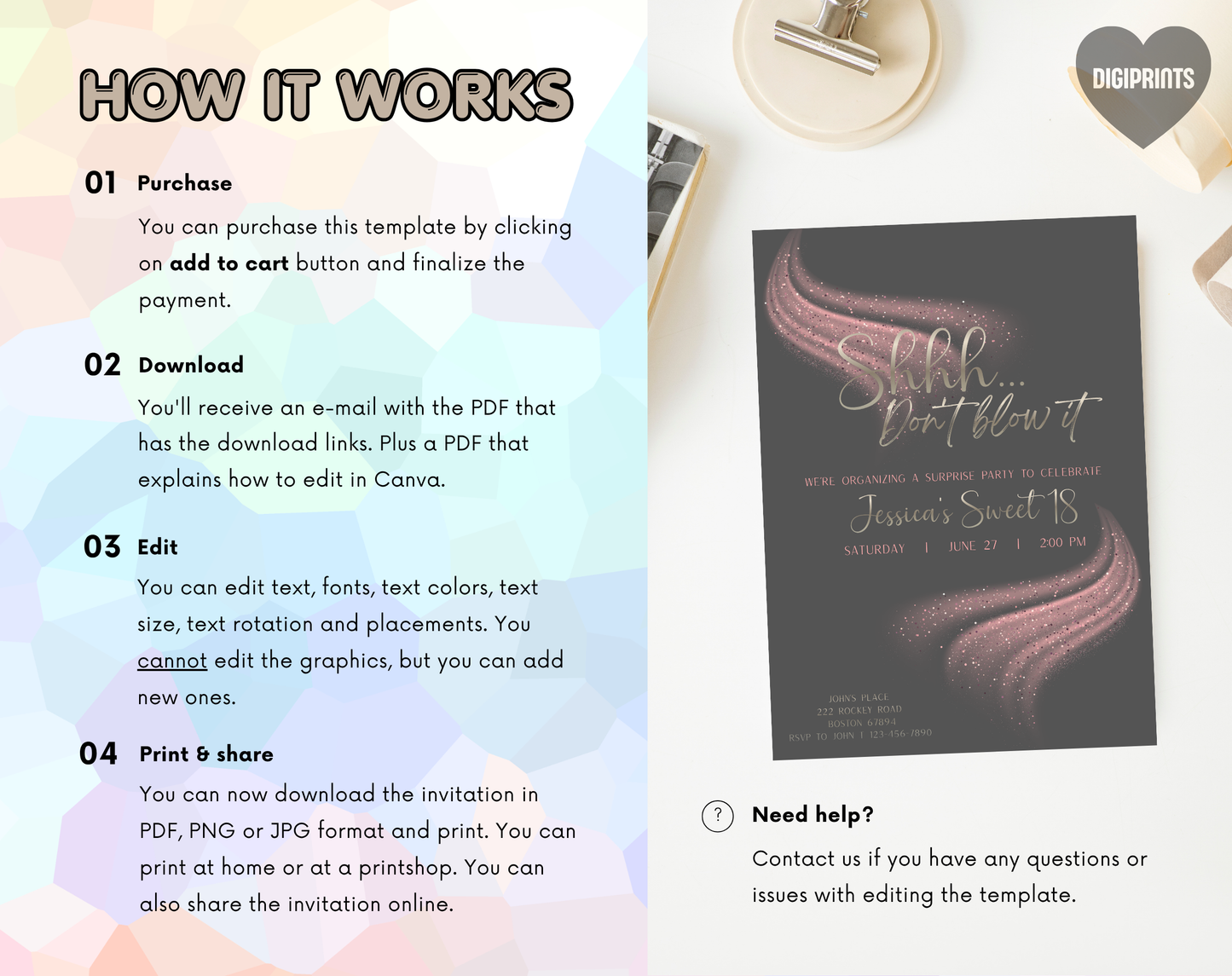 Surprise Sweet 18 Birthday Invitation Template Grey Pink | Editable Canva Template | 5x7in & WhatsApp | Digital Download
