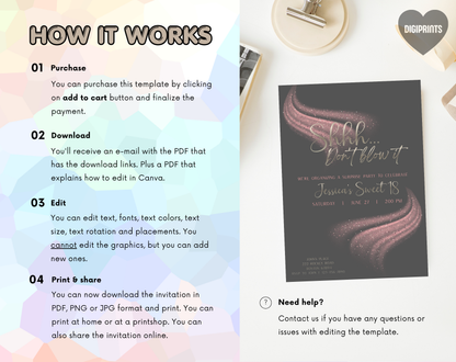 Surprise Sweet 18 Birthday Invitation Template Grey Pink | Editable Canva Template | 5x7in & WhatsApp | Digital Download