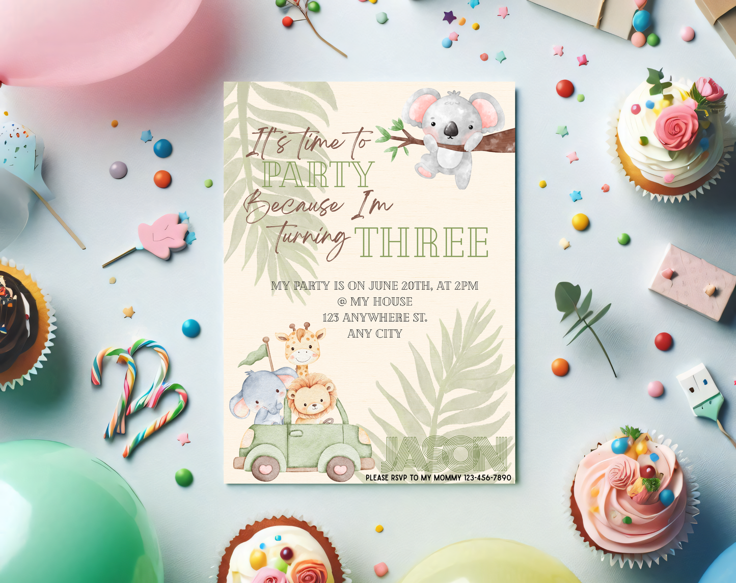 Jungle Safari Third Birthday Invitation Template | Editable Canva Template | 5x7in & WhatsApp | Digital Download