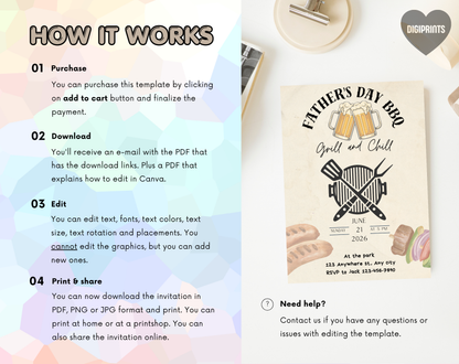 Father's Day BBQ Invitation Template | Editable Canva Template | 5x7in & WhatsApp | Digital Download