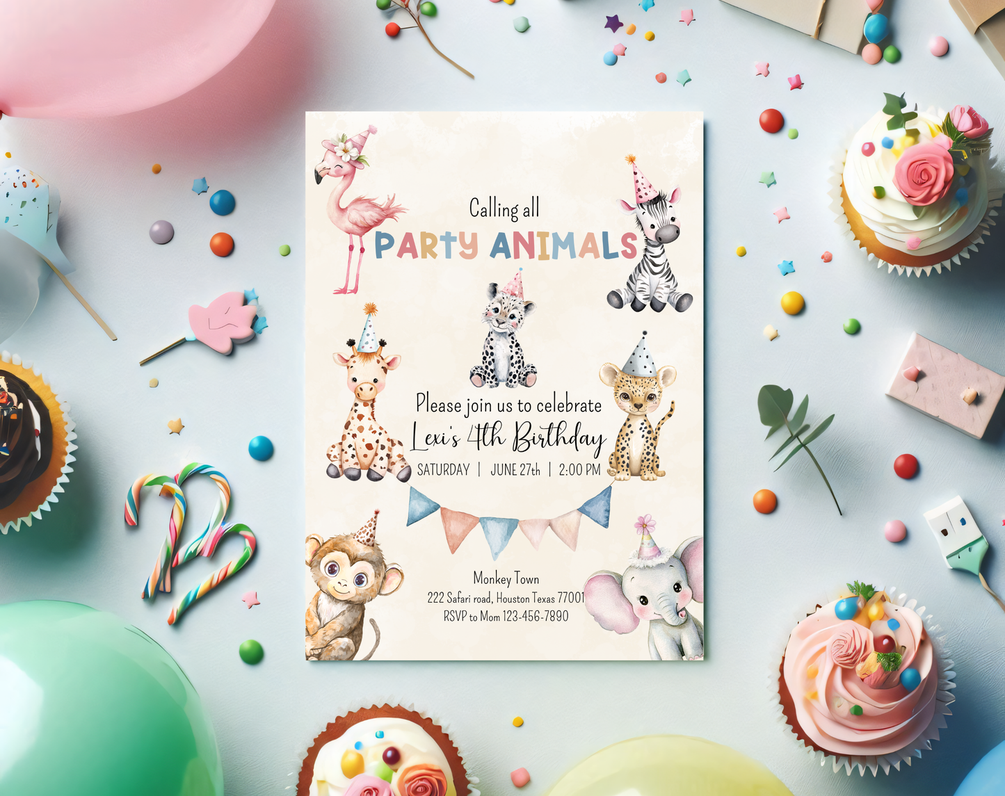 Party Animals Fourth Birthday Invitation Template Beige | Editable Canva Template | 5x7in & WhatsApp | Digital Download