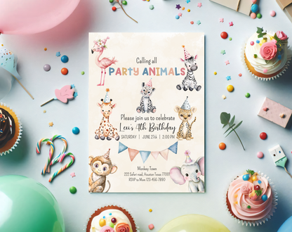 Party Animals Fourth Birthday Invitation Template Beige | Editable Canva Template | 5x7in & WhatsApp | Digital Download
