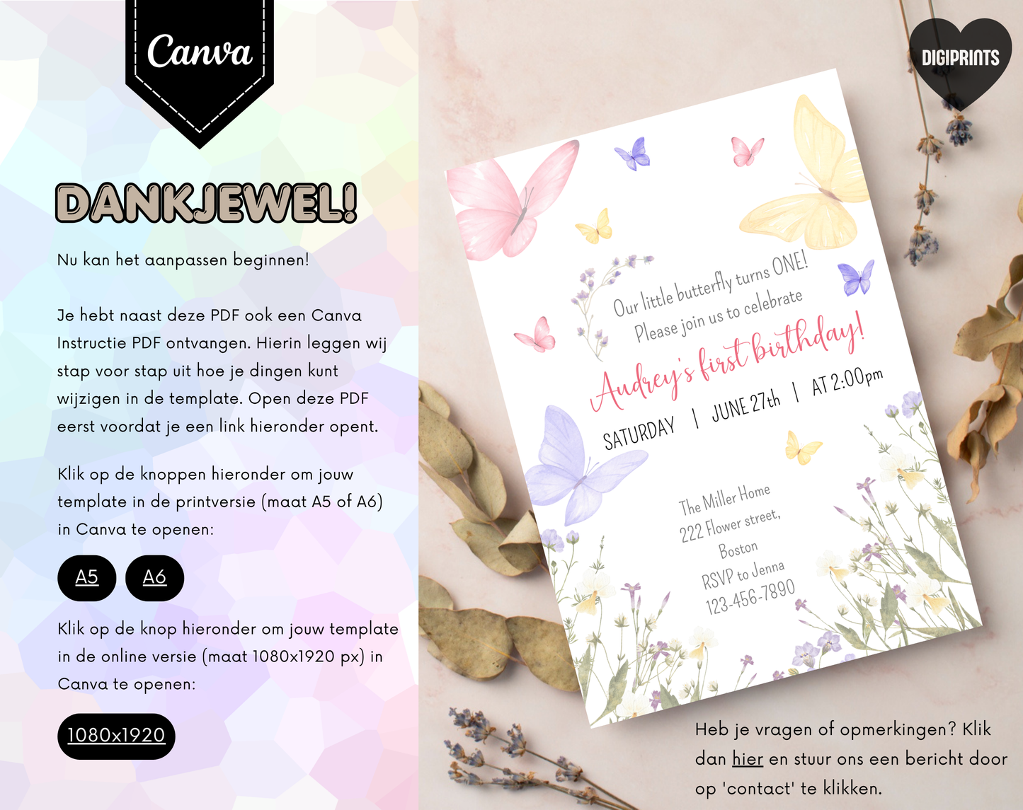 Vlinder Kinderfeestje Uitnodigingstemplate | Bewerkbare Canva Template | A5, A6 & WhatsApp | Digitale Download