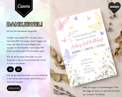 Vlinder Kinderfeestje Uitnodigingstemplate | Bewerkbare Canva Template | A5, A6 & WhatsApp | Digitale Download