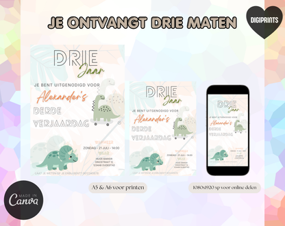 Dino Derde Verjaardag Uitnodigingstemplate | Bewerkbare Canva Template | A5, A6 & WhatsApp | Digitale Download