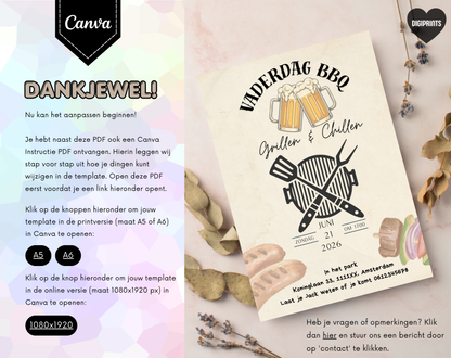 Vaderdag BBQ Uitnodiging Grillen en Chillen | Canva Template | A5 A6 WhatsApp | Direct Download