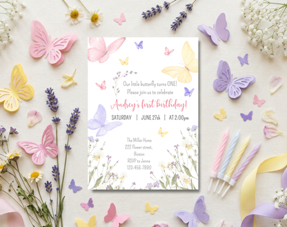 Butterfly First Birthday Invitation Template | Editable Canva Template | 5x7in & WhatsApp | Digital Download